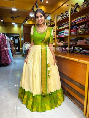 Onam – Off White With Mehendi Green Gown