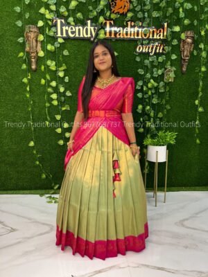Apple green with rani pink copper zari half saree