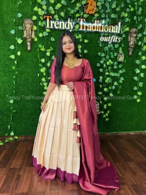 Off white with wine copper zari half saree