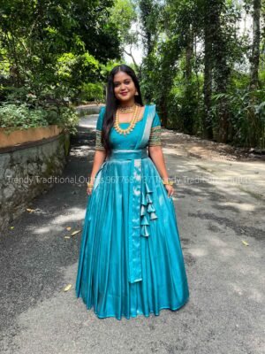 Rama blue copper zari aari worked lehenga