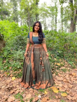 Bottle green copper zari aari worked lehenga
