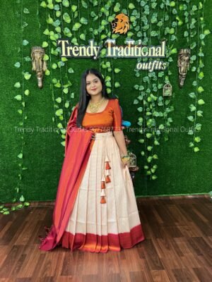 Off white with maroon copper zari half saree