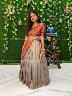Silver wine copper zari half saree
