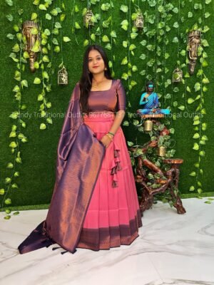 Watermelon pink with navy copper zari half saree