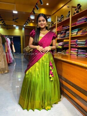 Dark Mehendi with Wine copper zari half saree