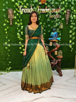 Apple Green with bottle Green copper zari half saree