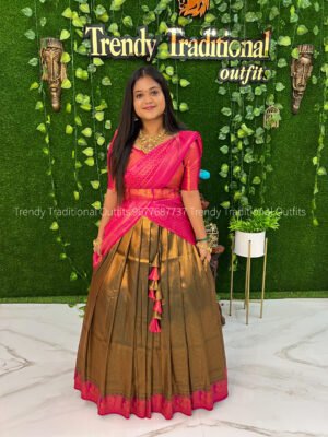 Dark bottle green with Rani pink copper zari half saree