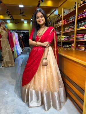 Peach with Red organza lehenga