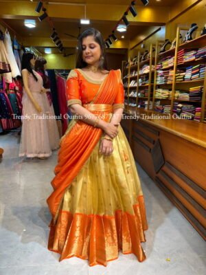 Gold With Orange Tissue Organza Half Saree