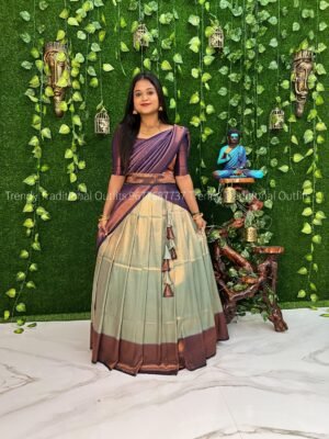 Apple green with navy copper zari half saree