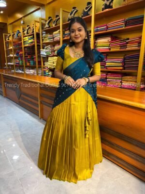 Mehendi green with teal blue copper zari half saree