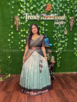 Apple green with bottle green copper zari half saree