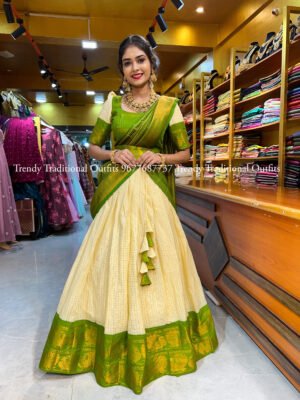Onam - Off White With Mehendi Green Half Saree