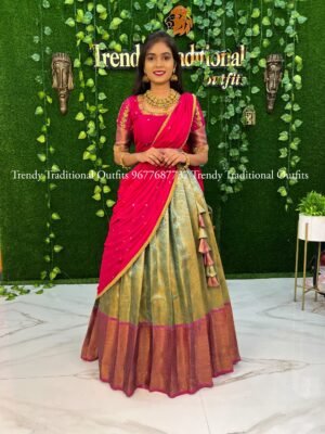 Sea Blue with Rani Pink Tissue Banaras Half Saree