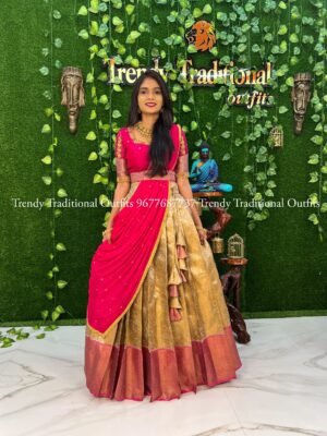Gold with Rani Pink Tissue Banaras Half Saree