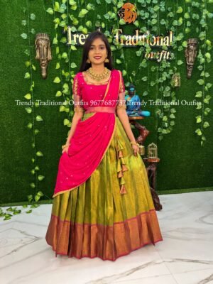 Green with Rani Pink Tissue Banaras Half Saree
