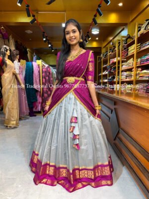 Silver Grey with Magenta Banaras Half Saree