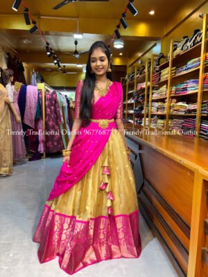 Gold With Pink Tissue Organza Half Saree