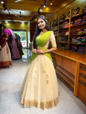 Onam - Off White zari With Mehendi Green Half Saree