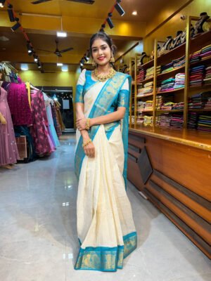 Onam – Off White With Rama Blue Saree
