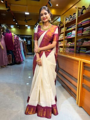 Onam – Off White With Wine Saree