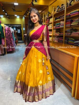 Yellow with Wine Banaras Half Saree