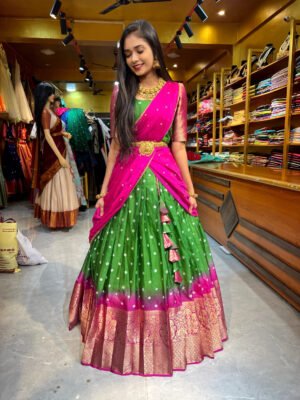 Green with Rani Pink Bandhini Half Saree