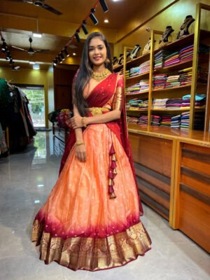 Peach  with Maroon Bandhini Half Saree