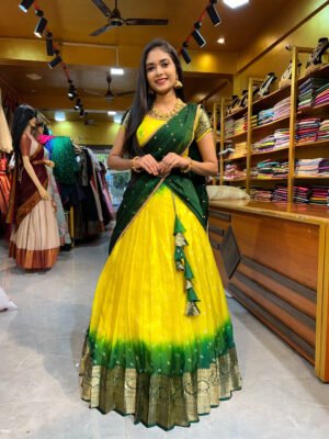 Bright Yellow with Bottle Green Bandhini Half Saree