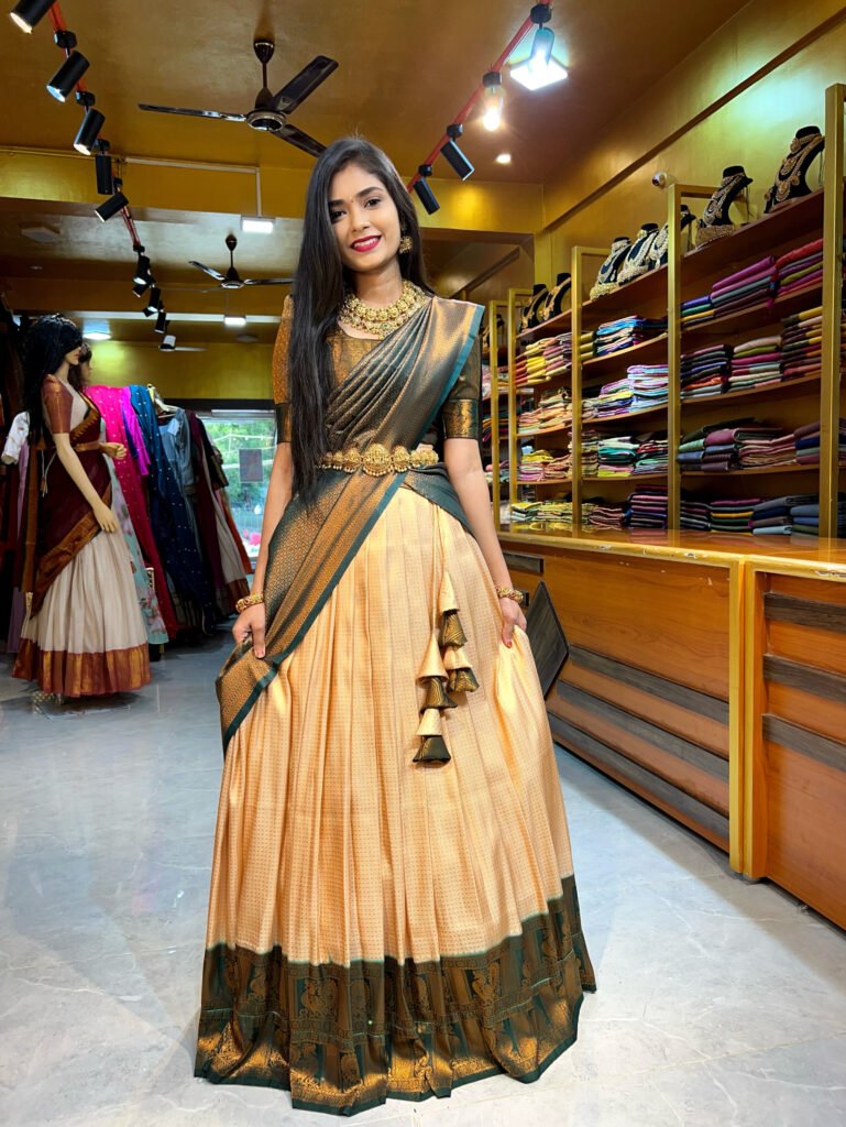 Off White with Bottle Green Half Saree