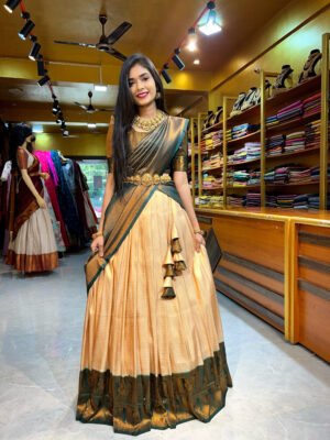 Off White with Bottle Green Half Saree