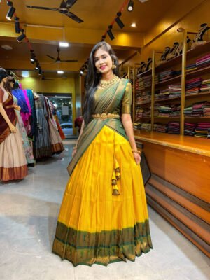 Yellow with Bottle Green Half Saree