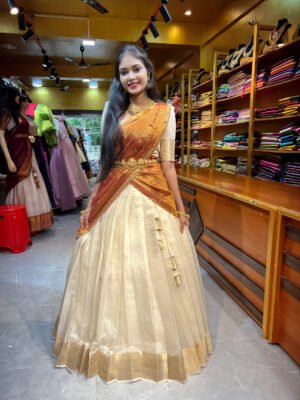 Onam - Off White zari With Maroon Half Saree