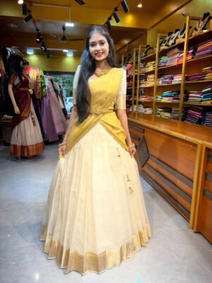 Onam - Off White zari With Gold Half Saree