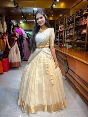 Onam - Off White zari With White Silver Half Saree