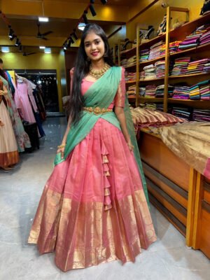 Rose Gold with Sea Green Tissue Half Saree