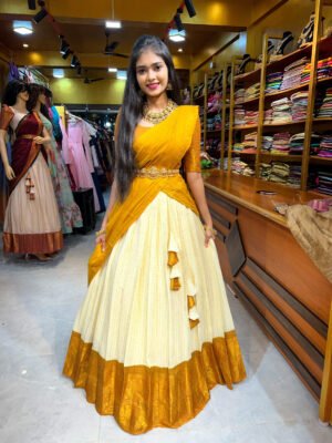 Onam - Off White With Mustard Half Saree