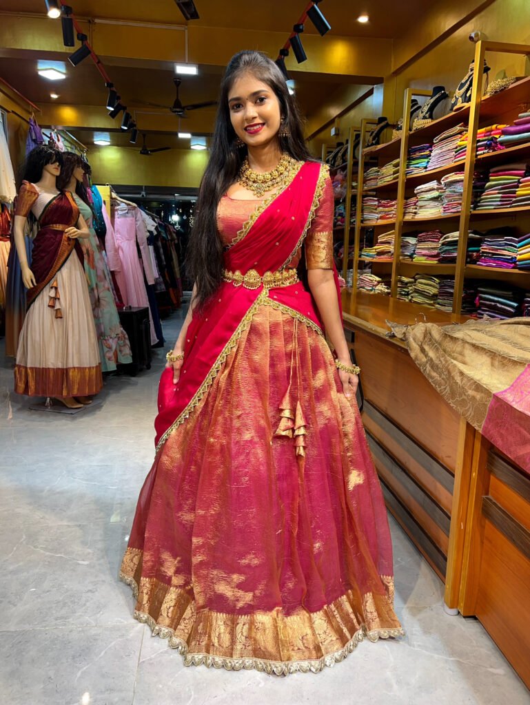 Rose Gold Crushed with Rani Pink Tissue Half Saree