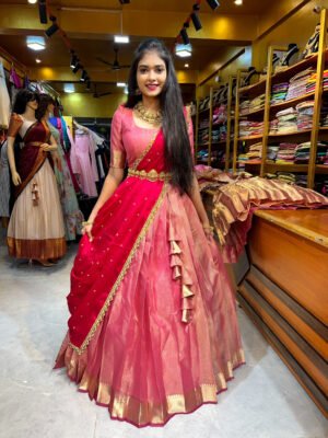 Rose Gold with Rani Pink Tissue Stripe Half Saree