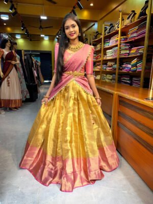 Gold With Baby Pink Tissue Half Saree