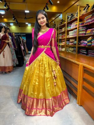 Golden Yellow With Hot Pink Tissue Half Saree