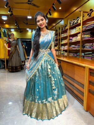 Sea Blue Silk Butti Tissue Half Saree