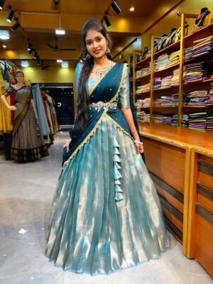 Sea Blue with Teal Blue Strip Tissue Half Saree