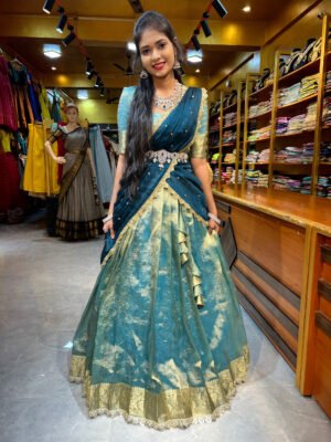 Sea Blue with Teal Blue Crushed Tissue Half Saree