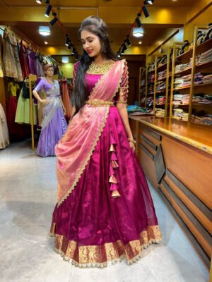 Magenta Crushed Aari worked Tissue Half Saree