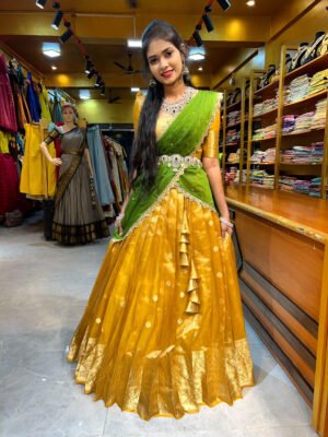 Haldi Yellow with Mehendi Green Butti Tissue Half Saree