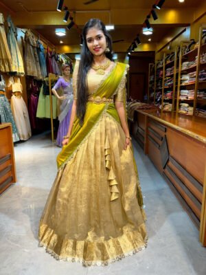 Gold Beige with Mehandi Green Tissue Half Saree