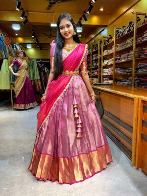 Pastel Pink with Rani Pink Tissue Half Saree