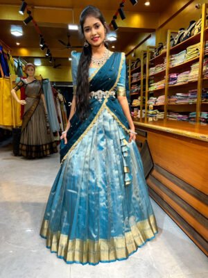 Sea Blue with Teal Blue Silk Tissue Half Saree