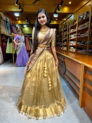 Gold Beige with Brown Tissue Half Saree